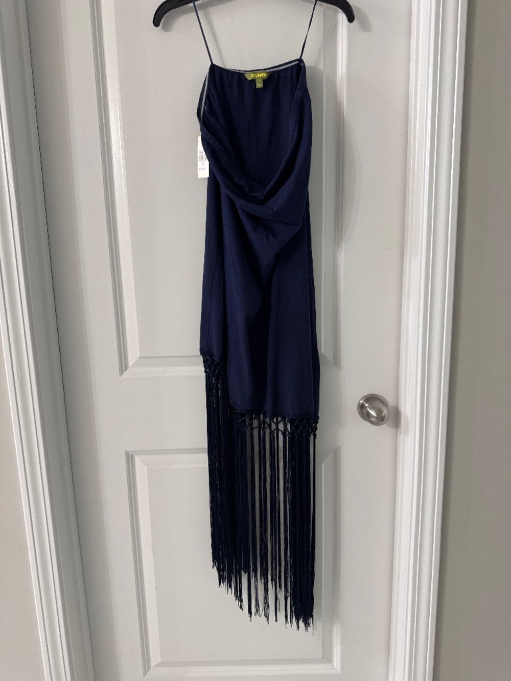 Anthropologie asymmetrical fringe navy dress